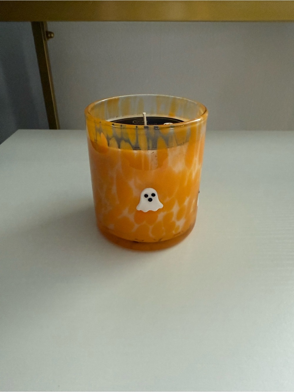 Orange Marbled Glass Candle Jar with Ghost Accent